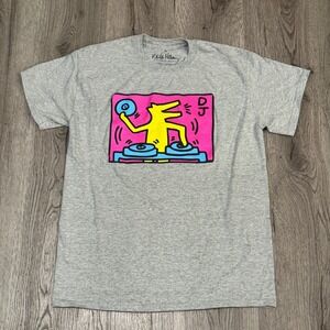 Keith Haring DJ Dog Graphic T-Shirt Mens Medium Gray Pop Art Short Sleeve Tee
